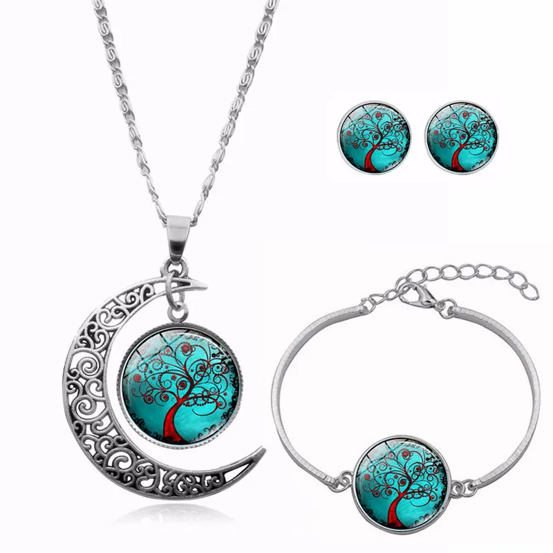 

Hot Selling Tree of Life Time Stone Pendant Necklace Set Silver Bracelets Ear Stud Ornament Set