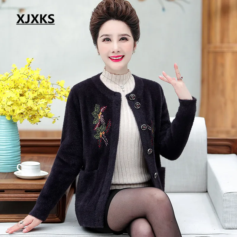 XJXKS High-end норка кашемир однобортное пальто для женщин куртка зимняя новая модная джинсовая куртка с вышивкой; удобная женская пальто кардиган - Цвет: Фиолетовый