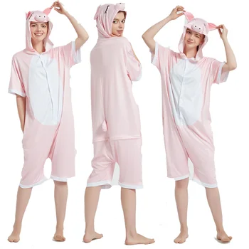 

New Summer Pink Pig Onesie Plus Size Pajamas Women Animal Hooded Short Pattern Regular Polyester
