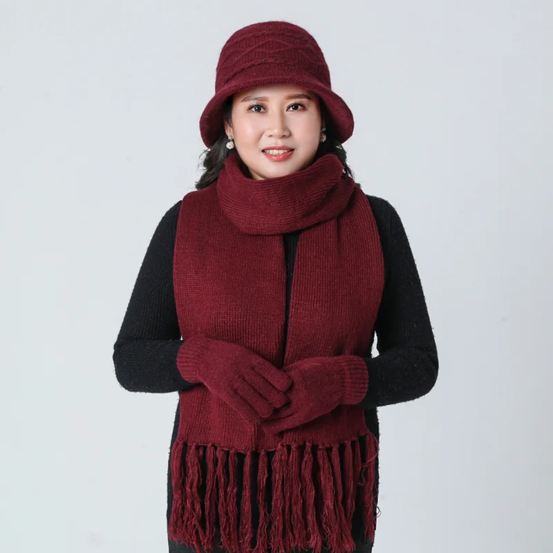 SUOGRY New Women's Knitted Hat Female Solid Color Scarf gloves And Hat Set Winter Rabbit Thick Fur Warm Beanies Ms. Middle Caps