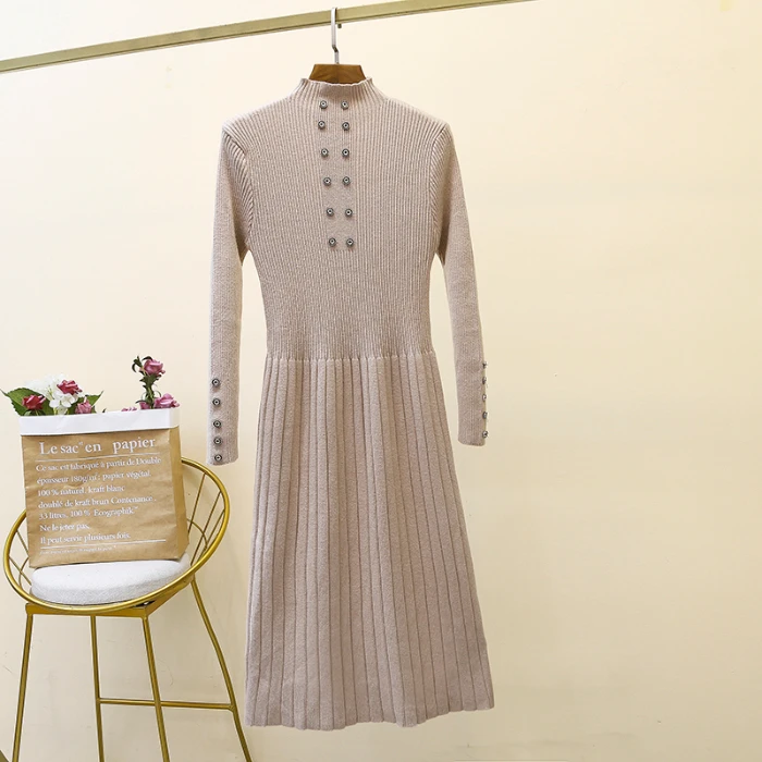 

HAMALIEL Elegant Knitted Women Pleated Dress Autumn Winter Double breasted Stand Collar Vestidos Fashion Elastic Pullover Dress