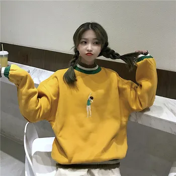 

Hoodie female casual characters embroidery stitching hit color long sleeve loose hooded pullover ladies sweatshirt