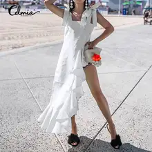 Mujeres asimétricas Camisetas largas Celmia verano moda Vintage Casual Ruffles Hem camisa sólida de talla grande correas blusas sin mangas