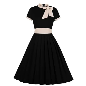 

Plus Size 4XL Patchwork Women Vintage Dress Robe Elegant Short Sleeve Bow Neck Black Party Rockabilly 60s 50s Dress Vestidos