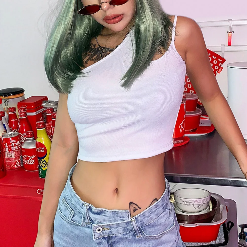 Summer Hip Hop Women Sleeveless One Hollow Hole Shoulder Bare Midriff Evening Party Beach Crop Top Tank