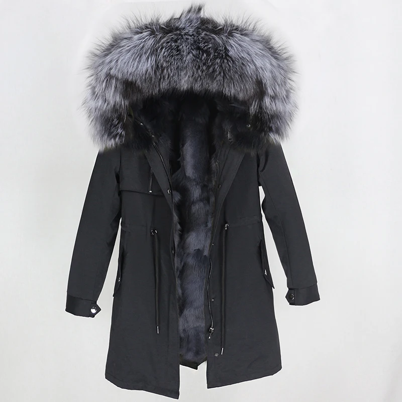 OFTBUY настоящая меховая парка зимняя куртка женская натуральный Лисий меховой капюшон, воротник лиса пальто с подкладкой Толстая теплая верхняя одежда Уличная Повседневная - Цвет: black grey silver