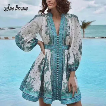 

Print Women's Dress Stand Collar Lantern Sleeve High Wiast V-Neck Summer Mini Dresses For Female 2020 Clothes New