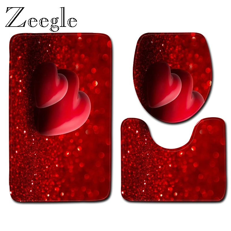Zeegle 3D Love Heart Bath Mat Set Toilet U Type Mat Pedestal Rug Toilet Seat Cover Polyester Modern Shower Mat Washable Foot Rug