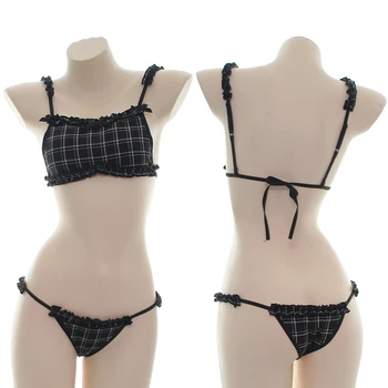 

Elegant Plaid Printing Bikini suit Japanese Girl Lace-up Underwear Set Sexy Lolita Sleepwear Bow Camisole + Panties Intimate Set