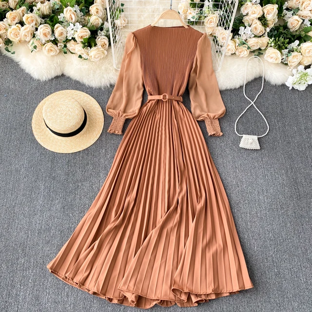 Autumn Fashion Streetwear Long Dress Design French Pleated Maxi Dress Women Elegant O Neck Long Sleeve A-line Dress 4