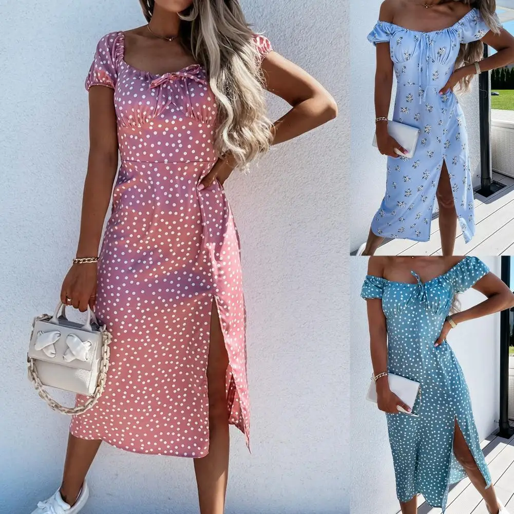 50% Hot Sales Ladies Split Dress Printing Elastic Neckline Sexy for Beach | Женская одежда