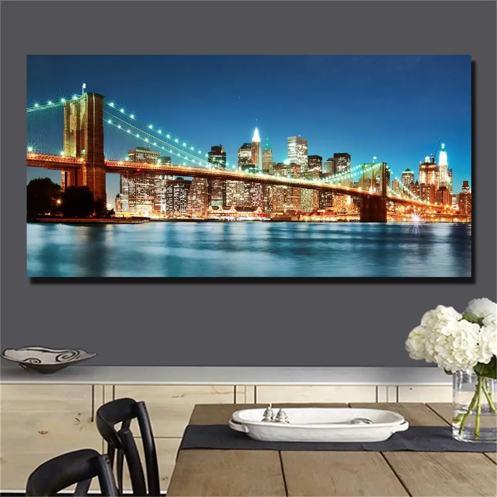 Плакат с изображением Манхэттена Нью-Йорк Ночная Картина на холсте бруклинового