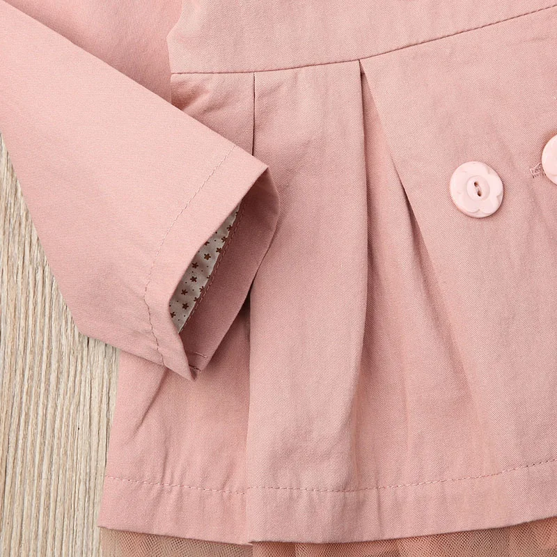 Focusnorm Embroidered Turn-down Collar Trench Baby Girl Fashion Long Sleeve Solid Cute Patchwork Lace Coat For Girl 0-4 Years