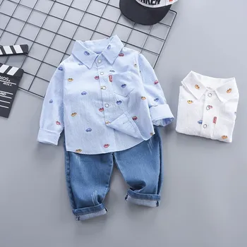 

Autumn Baby Boys Clothing Sets Cartoon Car Lapel Collar Shirts Tops + Denim Jeans Trousers Casual Children Kids 2Pcs Suits