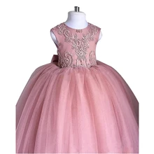 Новинка; кружевное Пышное Розовое Бальное Платье принцессы без рукавов с цветочным узором и большим поясом для девочек с открытой спиной; торжественные платья для дня рождения