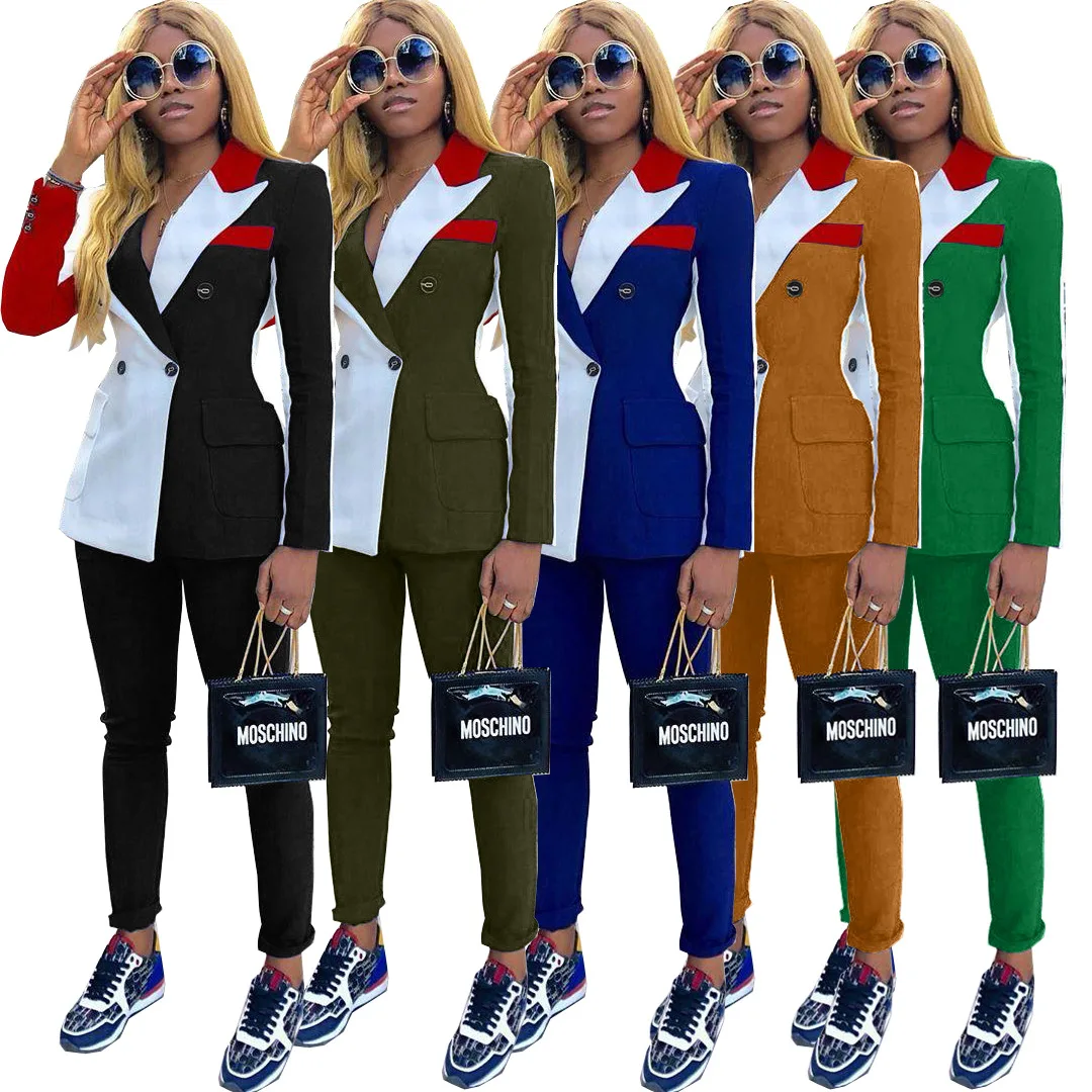 

Autumn Winter Tracksuit Notched Full Sleeve Blazers Pants Suit Two Piece Casual Fashion Outfit Patchwork Color Uniform D5090