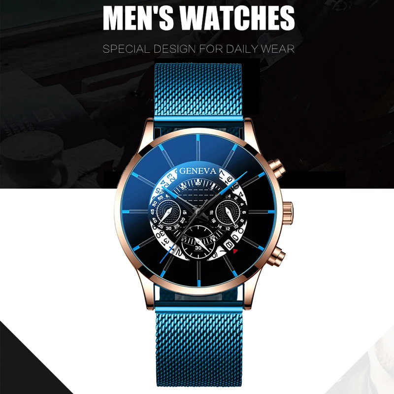 Blue Rose Gold Reloj Hombre Luxury Men's Fashion Business Calendar Watches Men casual Stainless Steel Mesh Belt Analog Quartz Watch - Цвет: Blue Rose Gold