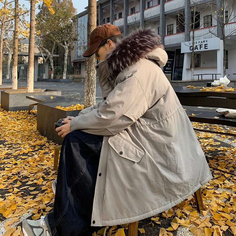Зимнее длинное пальто, Мужская теплая Модная парка, Мужская однотонная куртка с меховым воротником и капюшоном, Мужская свободная хлопковая Толстая куртка, Мужская одежда