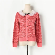 Дизайнерские трикотажные кардиганы для женщин, вышитый кружевной воротник, Леопардовый бант, Алмазные Кнопки, вязаный свитер