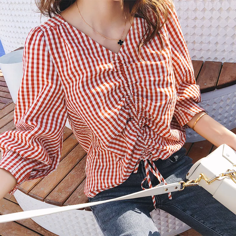 

Mishow women Shirts Spring Autumn 2018 New Loose female V Neck Plaid casual Puff Sleeve tops MX18C4595