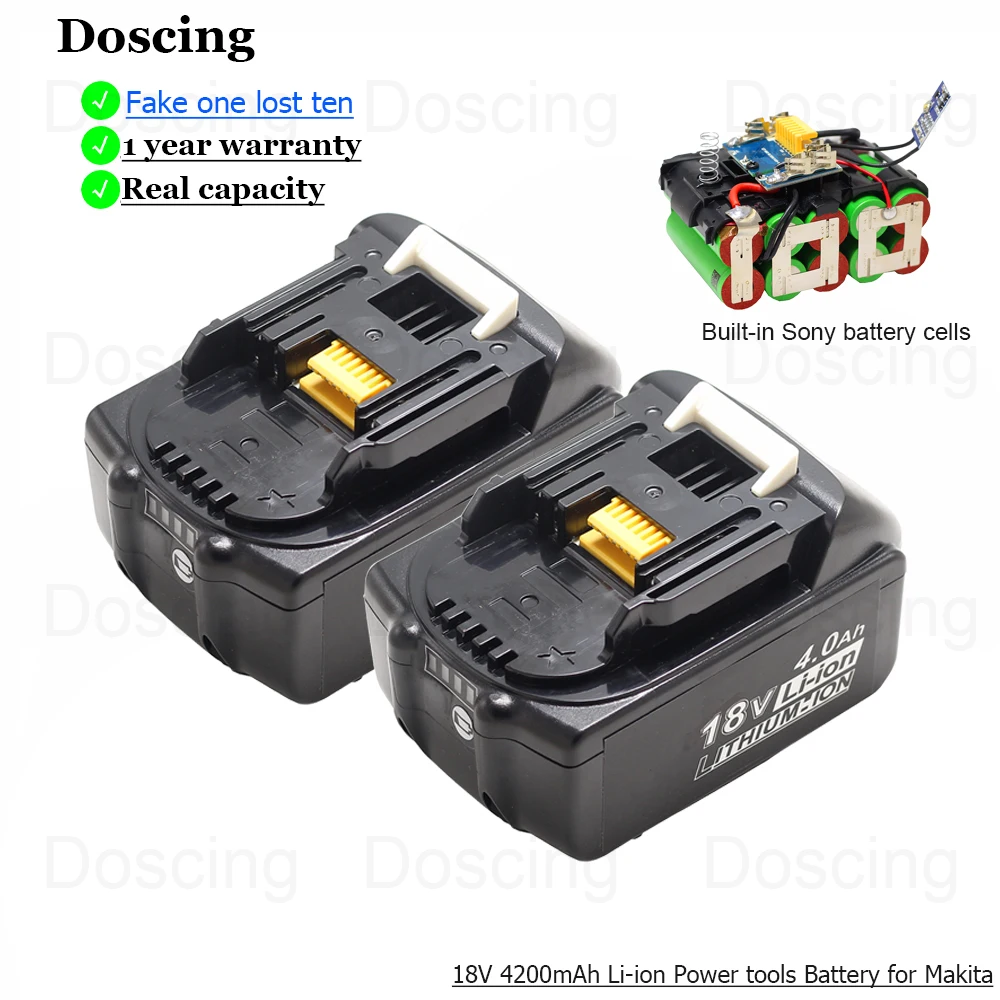 

Doscing 2Pcs High Quality 18V 4.2Ah Rechargeable batteries for Makita Power Tool Battery BL1815 BL1830 BL1850 BL1860 LXT 400