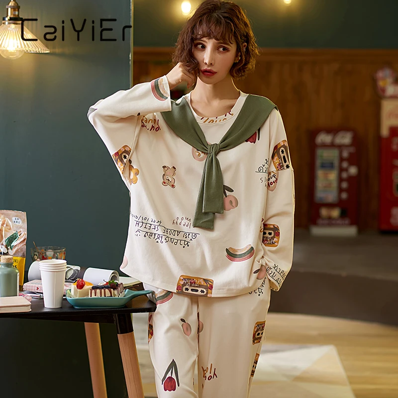 

CAIYIER Cute Cartoon Print Pajamas Set Autumn Winter Cotton Girls Nightwear Thick Soft Elastic Waistband Ladies Korea Homewear