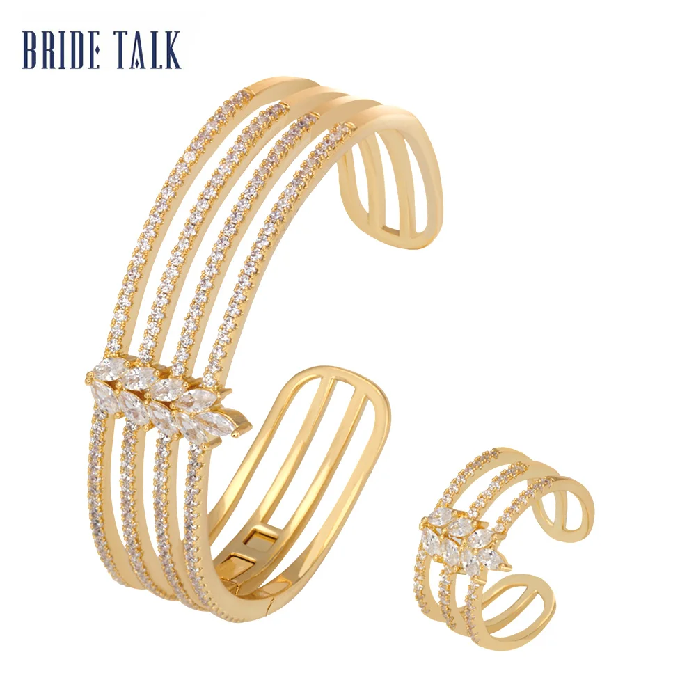 two pcs gold color Роскошные ювелирные изделия для невесты, многослойный золотой браслет, Дубай, микро проложили багет, кубический циркон, регулируемый браслет, кольцо, наборы ювелирных изделий - Окраска металла: two pcs gold color