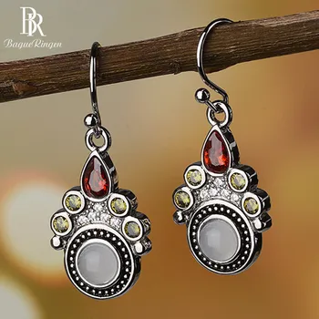 

Bague Ringen Vintage Temperament Gemstone Earrings for Women Moonstone Water Drop Shaped Ruby Silver 925 Jewelry Anniversary