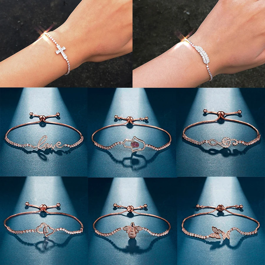 

Charm CZ Bracelet Double Love Butterfly LOVE Rose Gold Drawn Adjustable Zircon Bracelet Sparkling Crystal Zircon Woman Jewelry