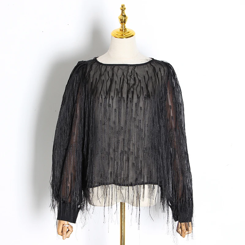TWOTWINSTYLE Perspective Patchwork Tassel Women's Shirt O Neck Lantern Long Sleeve Embroidery Blouses Female Autumn Fashion