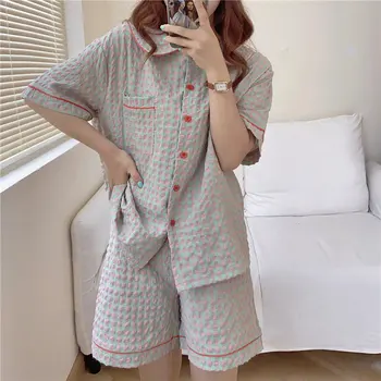 

Short-sleeved Pajamas Chic Elastic-Waist 2020 Women Plaid Sleepwear Summer Loose Pajamas Sets Shorts Tracksuit