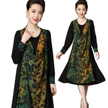 

2019Autumn Middle Age ladies Plus size Elegant long Dress fake two party dress floral applique long sleeve longos vestidos XXXXL