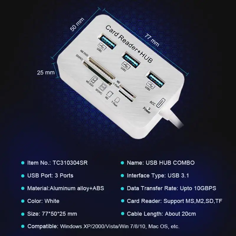 Портативный мульти USB 2,0 концентратор переходник разветвитель док-станция тонкий ABS 3 USB 3,0 MS M2 TF кард-ридер белый внешний вид 77x50x25 мм