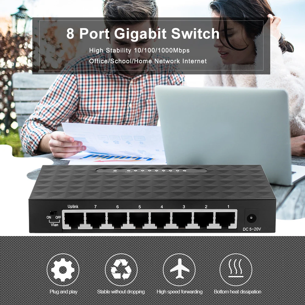Kebidumei 8 Порты и разъёмы сети гигабитный коммутатор 10/100/1000 Мбит/с Fast Ethernet Lan