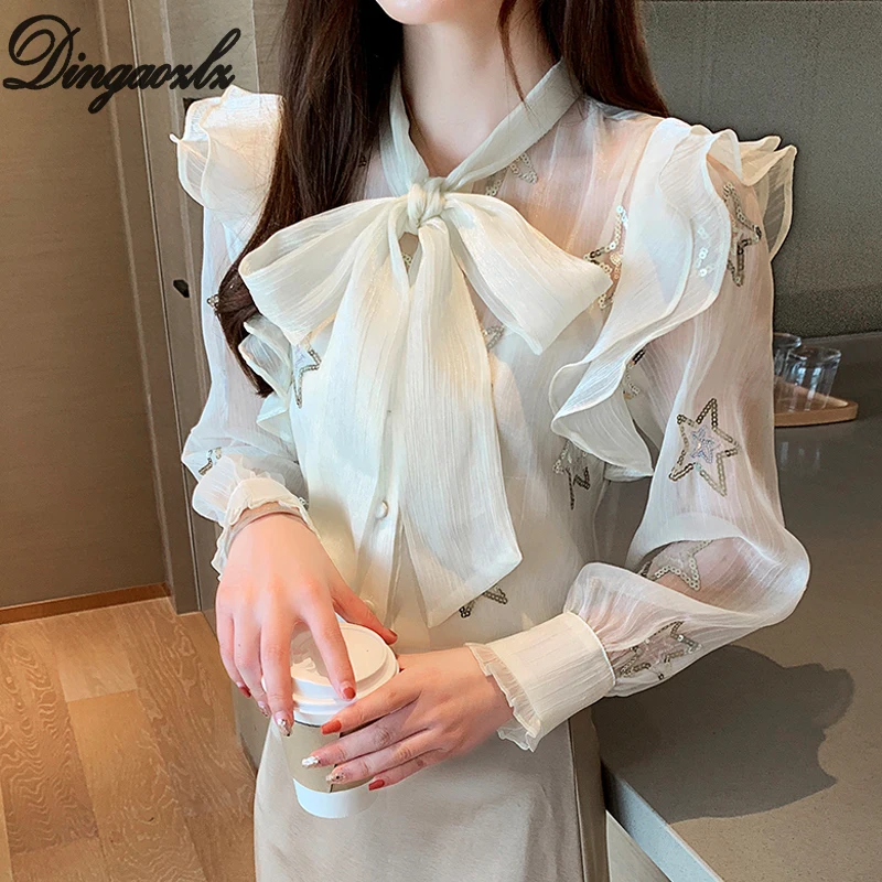 

Dingaozlz New Korean fashion Women Tops Long sleeve Ruffles Chiffon Blouse Bow tie Casual Lady shirt