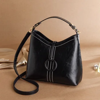 

Woman Package 2019 Oil Wax Bucket Package Ma'am Package Handbag Single Shoulder Package