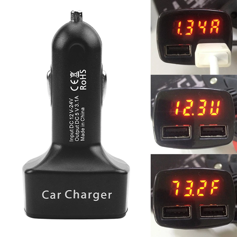 Двойной Переходник USB для зарядки в машине напряжение тока 3.1A Фаренгейта тестер температуры