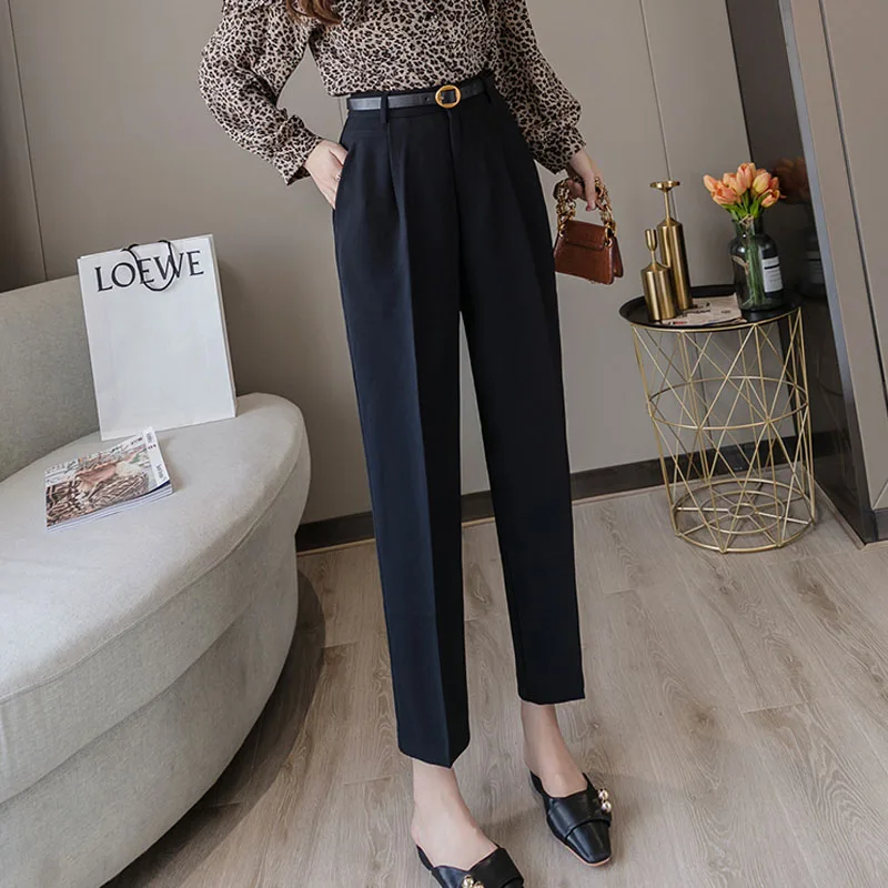 Elegant Office Lady Ankle-Length With Belt Pants 2020 New Spring Autumn Women Korean High Waist Loose Formal Pants