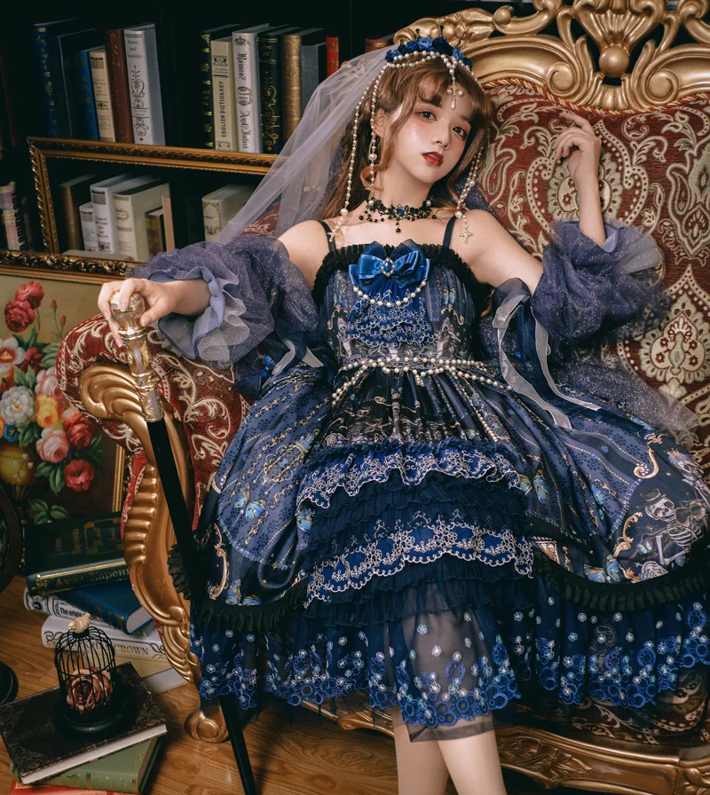 Череп Стиль; футболка с бабочками и~ Великолепная платье лолиты, в готическом стиле, без рукавов, Королевский праздничное платье принцессы от YLF