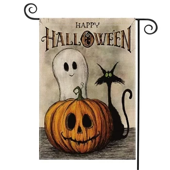 

Happy Halloween Garden Flag Vertical Double Sized, Spooky Ghost Pumpkin Jack O'Lantern Black Cat Burlap Yard Outdoor Decoration