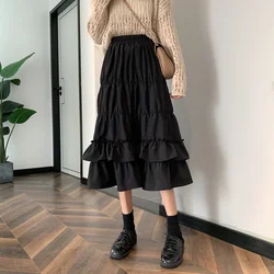 Novo vintage saia de cintura alta feminina 2021 primavera outono adolescentes escola meninas babados plissados babados retalhos longo midi saia preta