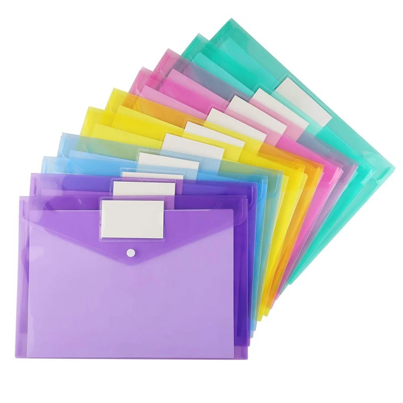 

20 Pack PP Envelopes Poly Envelopes, Clear Document Folder A4 Size File Envelopes with Label Pocket & Snap Button for School Hom