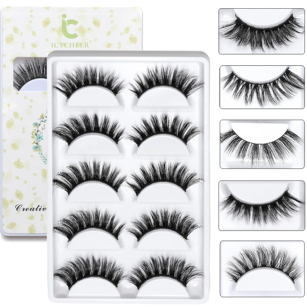 

ICYCHEER 5Pairs 3D Soft Mink False Eyelash 1cm-1.5cm Mix Length Natural Long Black Eye Lashes Hand Made Eyelash Makeup Extension