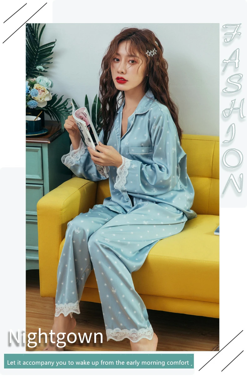 cute pajamas for women JULY'S SONG Satin Women's Pajamas Sets Lace Crown Star Print Elegant Sweet Lady Faux Silk Long Sleeve Summer Spring Sleepwear cotton pyjama set