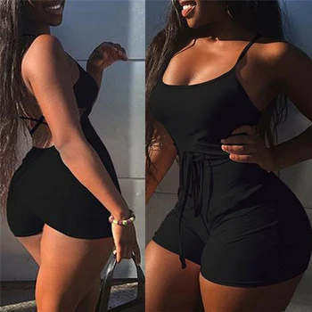 

Solid Black Summer Romper Women Sexy Playsuit Sleeveless Backless Bodycon Jumpsuit Short Summer Sport Wear