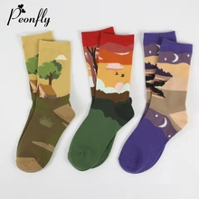 PEONFLY/милые женские носки с героями мультфильмов; Хлопковые женские носки с принтом в виде деревенского пейзажа; Новинка; креативные повседневные счастливые носки