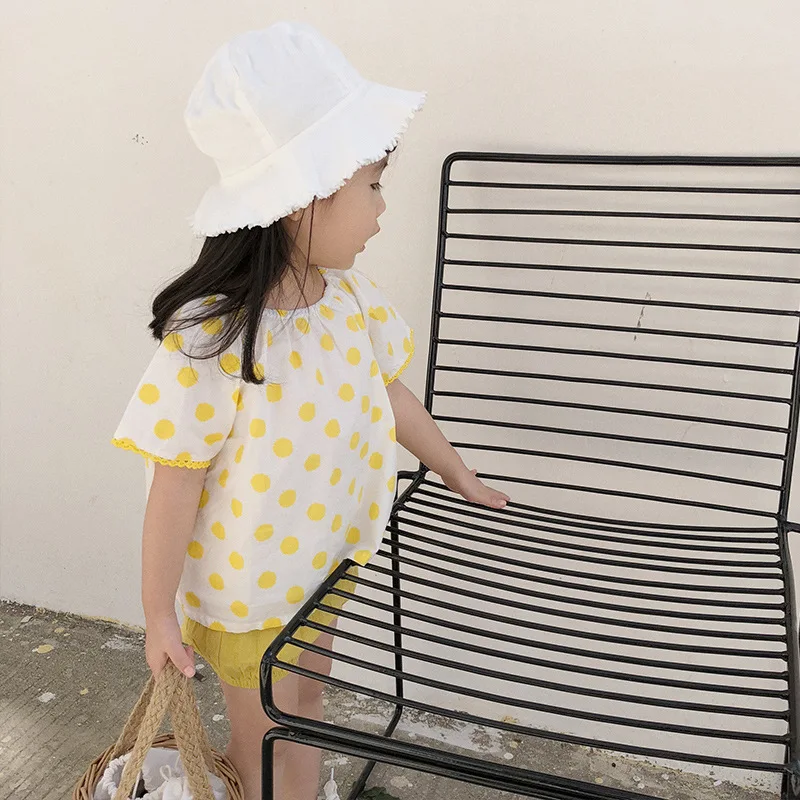 A mu hou/ г. Летняя Свободная рубашка в горошек с вырезом лодочкой и короткими рукавами для девочек милая детская футболка из хлопка