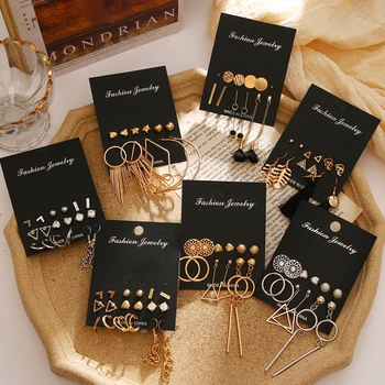 

FAMSHIN Gold Sequin Metal Geometric Drop Earring Set For Women Black Irregular Round Crystal Dangle Earrings Brincos Jewelry New