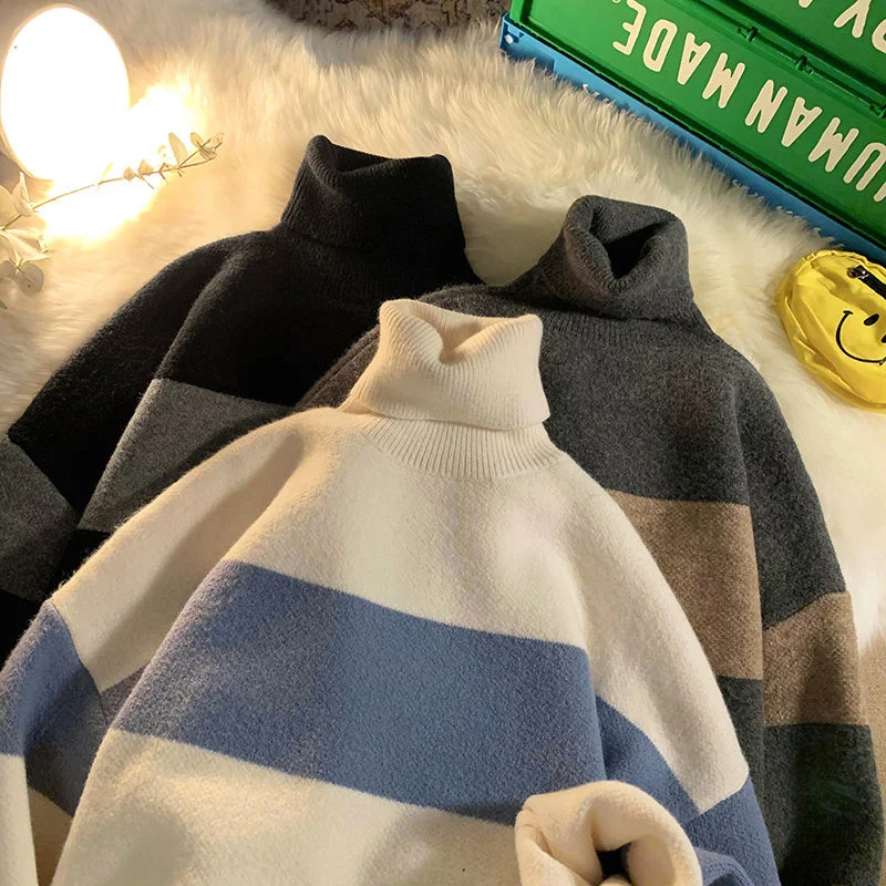 

Oversized Vintage Mens Winter Striped Turtleneck Sweater Fashion Knitwear For Male Harajuku Warm Unisex Casual Pullovers