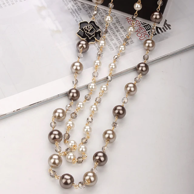 korean Camellia double layerd sweater long chain pearl necklace